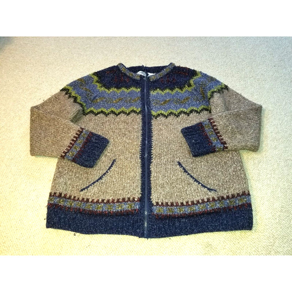 Womens Sweater/Jacket- SWEATER VENTURE-Hand knit-beige/blue wool Fair Isle zip-M - Picture 1 of 4